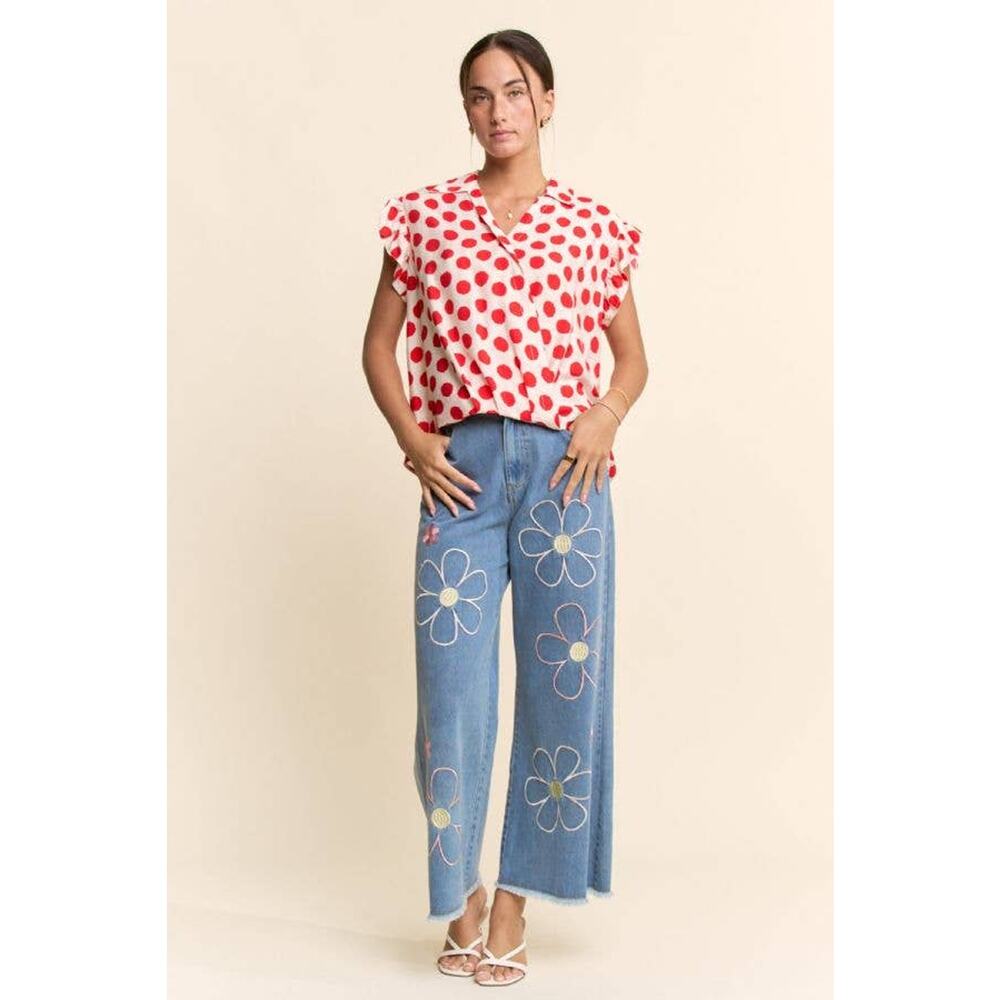 NWT Flower Embroidered Cropped Wide-Leg Denim Pant: Denim Blue / M - Picture 8 of 10
